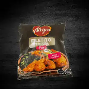 Paquete de filetitos de pollo empanizados Alegría de 5 kg para cocinar.