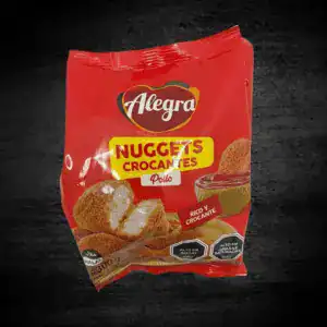 Nuggets crocantes de pollo Alegra en empaque rojo con imagen del producto.